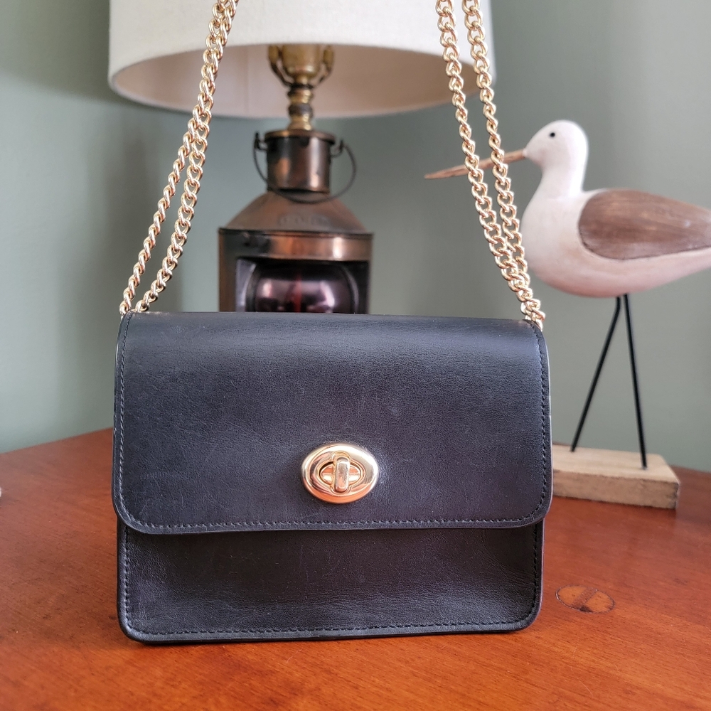Coach Bowery F31384 Black Leather Chain Crossbody Flap Shoulder Bag